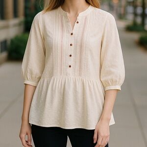 Size M Matilda Jane Cream Boho Peplum Tunic Lace Cottage core Top